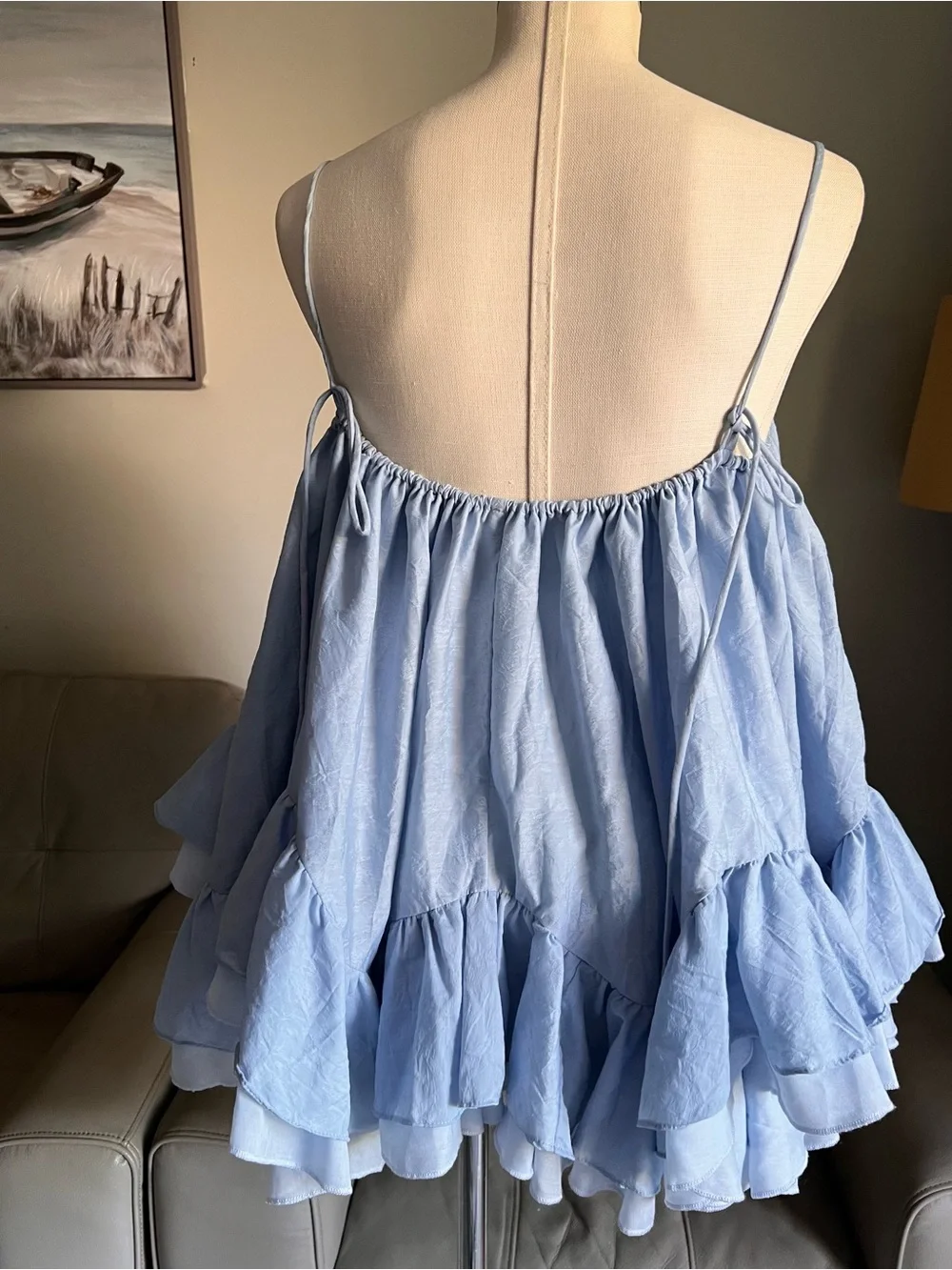 Babydoll Mini Dress Sz M Linen Blend Light Blue Ruffle Spaghetti Strap Angelic_11
